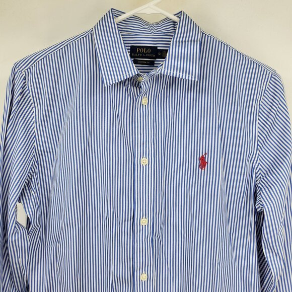 Polo Ralph Lauren Custom Fit Blue and White Striped Collared Button Up Shirt 12 - Picture 7 of 8